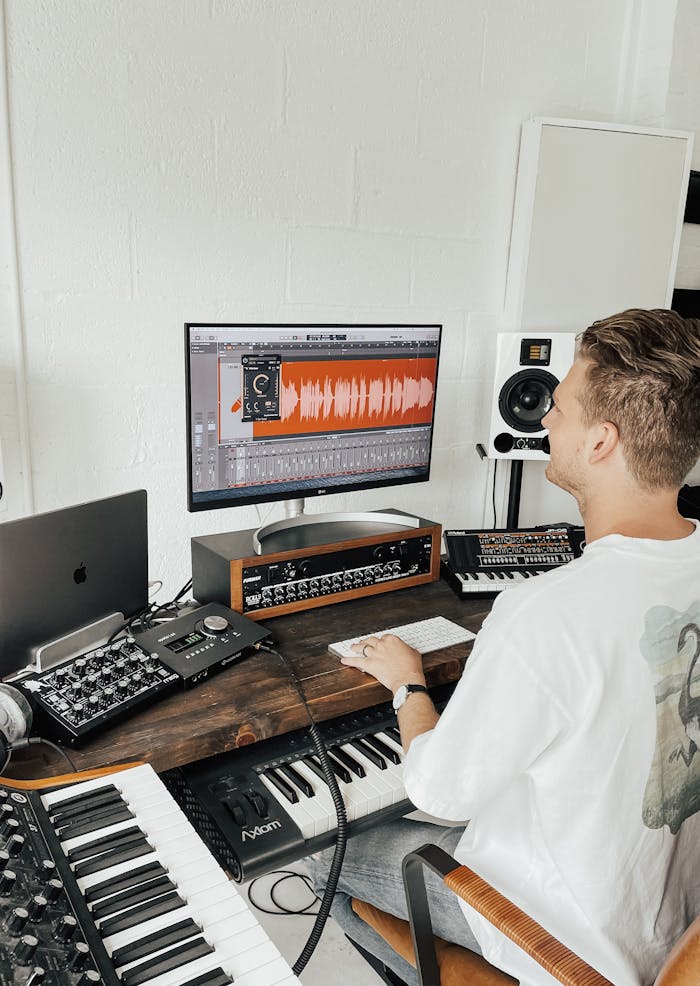 pexels-photo-10681822 Music producer using digital audio workstation in a modern home studio.